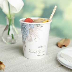 Gobelets En Papier Boho Herbe de la Pampa Pastel Bleu Floral Baby Sho