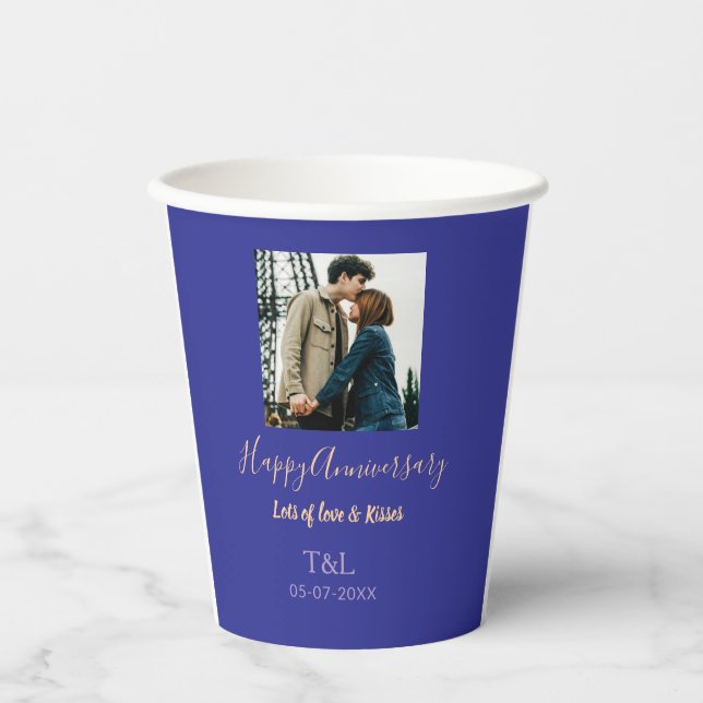 Gobelets En Papier Boho moderne heureux anniversaire ajouter nom bleu (Recto)