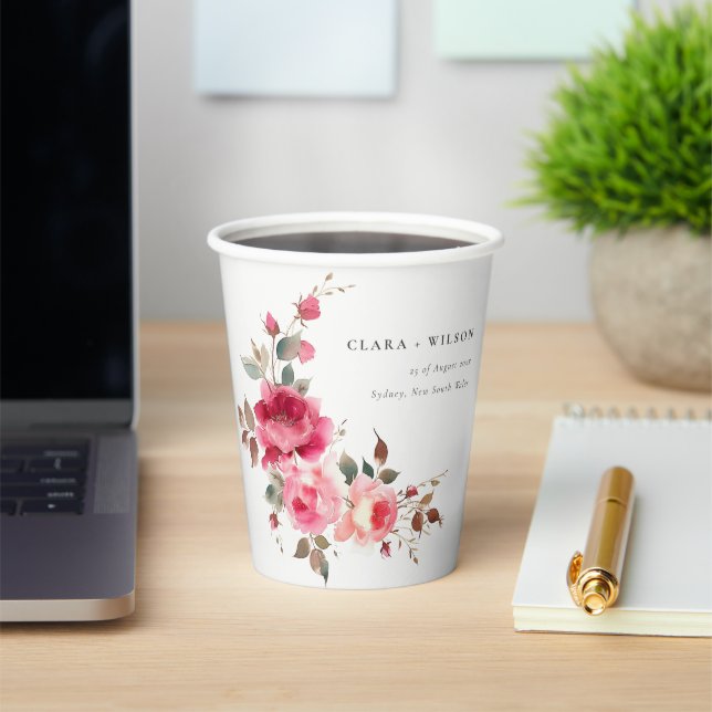 Gobelets En Papier Boho Rouge Rose Fleurs Mariage d'aquarelle (Insitu)