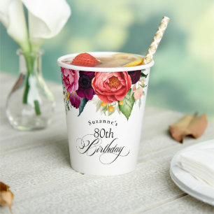 Gobelets En Papier Boho Rustic Watercolor Floral 80e fête d'anniversa
