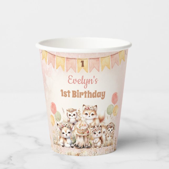 Gobelets En Papier Bois Animaux Boho Pastel Girl 1er anniversaire (Recto)