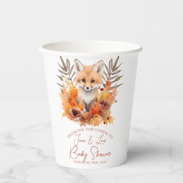 Gobelets En Papier Bois Fox verdure Aquarelle Baby shower feuille (Recto)