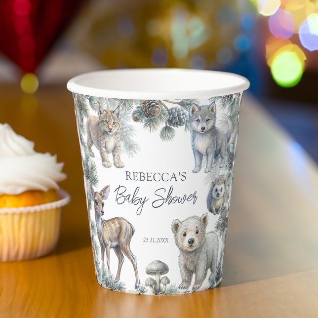 Gobelets En Papier Bois mignon baby shower pour bébés animaux customi (Woodlands cute baby animals baby shower customized paper cups personalized tableware )