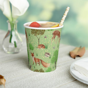 Gobelets En Papier Bois mignon coloré Animaux prairie verte