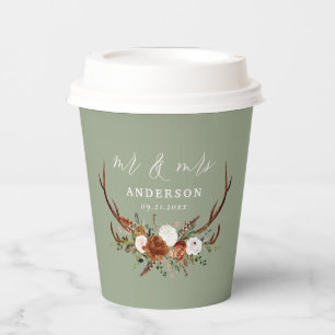 Gobelets En Papier bois rustique floral sauge vert cerf mariage