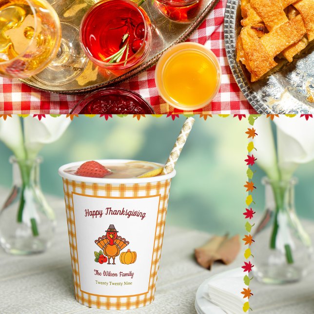 Gobelets En Papier Bon thanksgiving Turquie Citrouille Jaune Plaid (Créateur téléchargé)