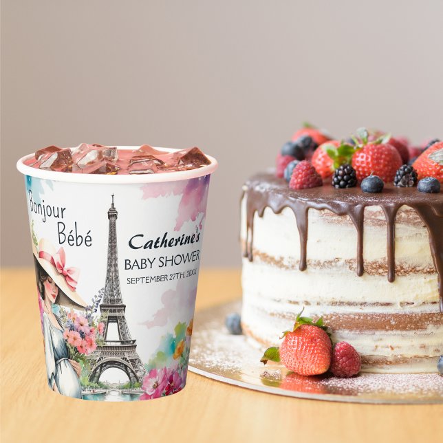 Gobelets En Papier Bonjour Bebe Floral Tour Eiffel Baby shower Paris (Créateur téléchargé)