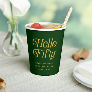 Gobelets En Papier Bonjour Retro Green et Gold 50th Birthday Party