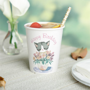 Gobelets En Papier Bonne fille d'anniversaire Nom du chaton mignon