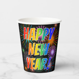 Gobelets En Papier "BONNE NOUVELLE ANNÉE !" Texte arc-en-ciel, Motif 