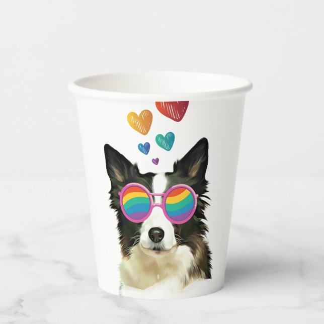 Gobelets En Papier Border Collie  Chien avec des cœurs Saint-Valentin (Recto)