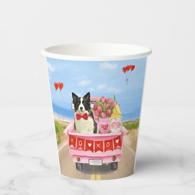 Gobelets En Papier Border Collie Chien Saint-Valentin Camion Cœurs (Recto)