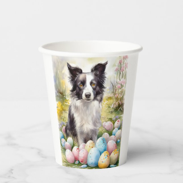 Gobelets En Papier Bordure Collie Chien avec Oeufs de Pâques Fête (Recto)