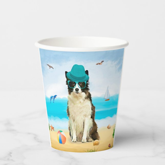 Gobelets En Papier Bordure Collie Dog sur la plage (Recto)