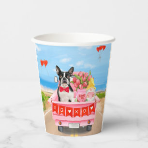 Gobelets En Papier Boston Terrier Chien Valentine's Day Truck Hearts