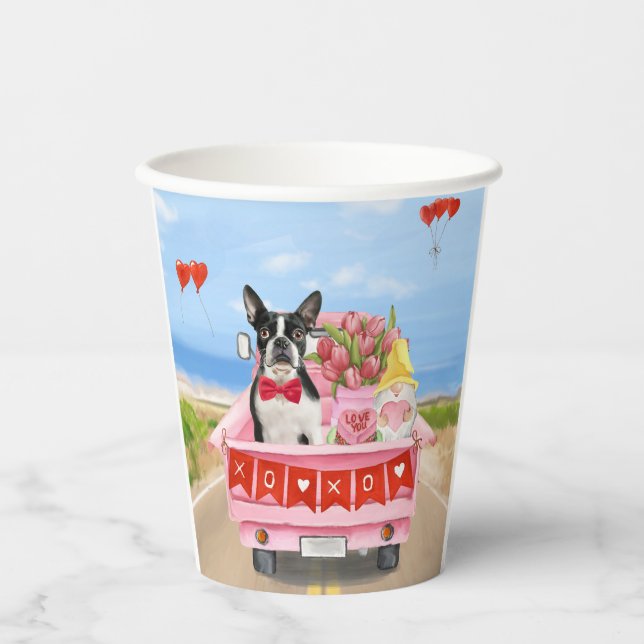 Gobelets En Papier Boston Terrier Chien Valentine's Day Truck Hearts (Recto)