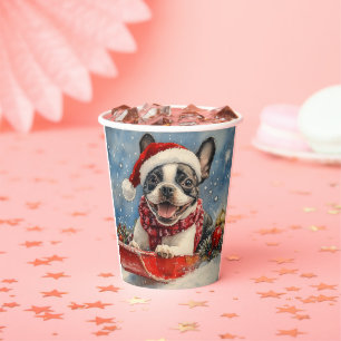 Gobelets En Papier Boston Terrier Dog in Sledge Let it Neige Noël