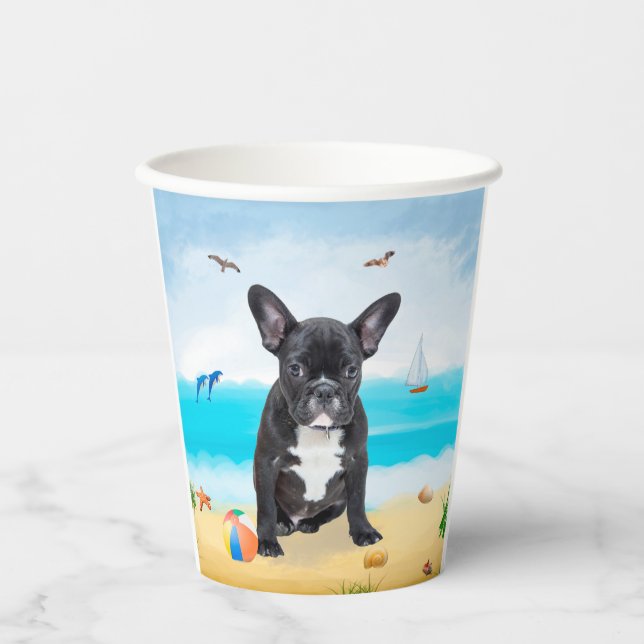 Gobelets En Papier Bouledogue français sur la plage (Recto)