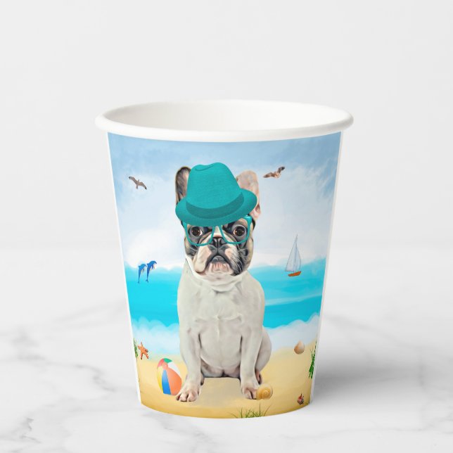 Gobelets En Papier Bouledogue français sur la plage (Recto)