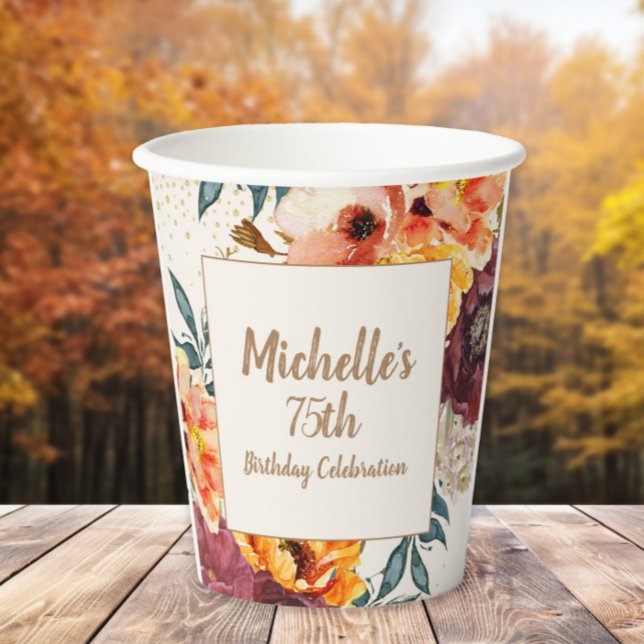 Gobelets En Papier Bourgogne Orange Floral Gold Parties scintillant 7 (Orange and burgundy watercolor floral 75th birthday party paper cup)