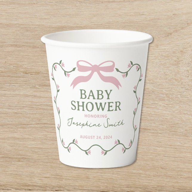 Gobelets En Papier Bow avec Baby shower de vigne à fleurs (Créateur téléchargé)