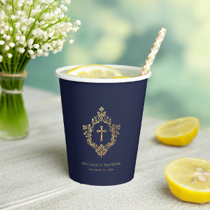 Gobelets En Papier Boy Baptism Marine Blue Faux Gold Foil Crest Vinta