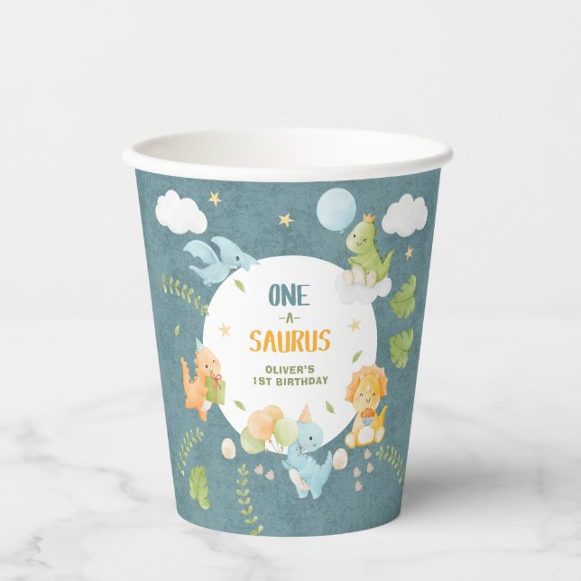 Gobelets En Papier Boy Dinosaur 1st Birthday Party One-A-Saurus (Recto)