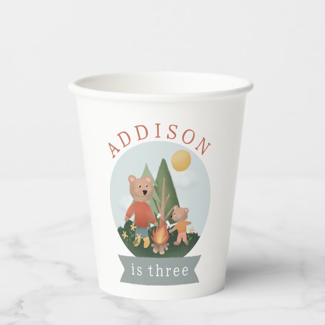 Gobelets En Papier Boys Modern Woodland Forest Camping Bears Birthday (Recto)