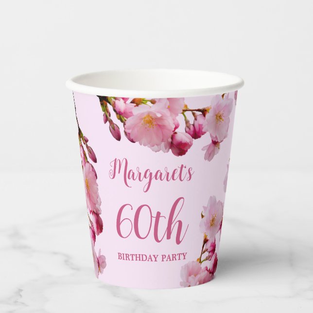Gobelets En Papier Branches de fleurs de cerisier rose 60e anniversai (Recto)