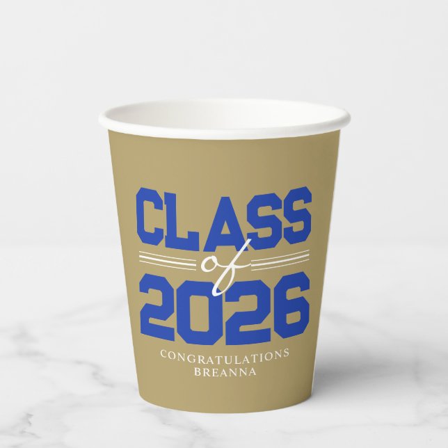 Gobelets En Papier Bronze Or & Bleu Promotion de l'Année Diplômé (Verso)