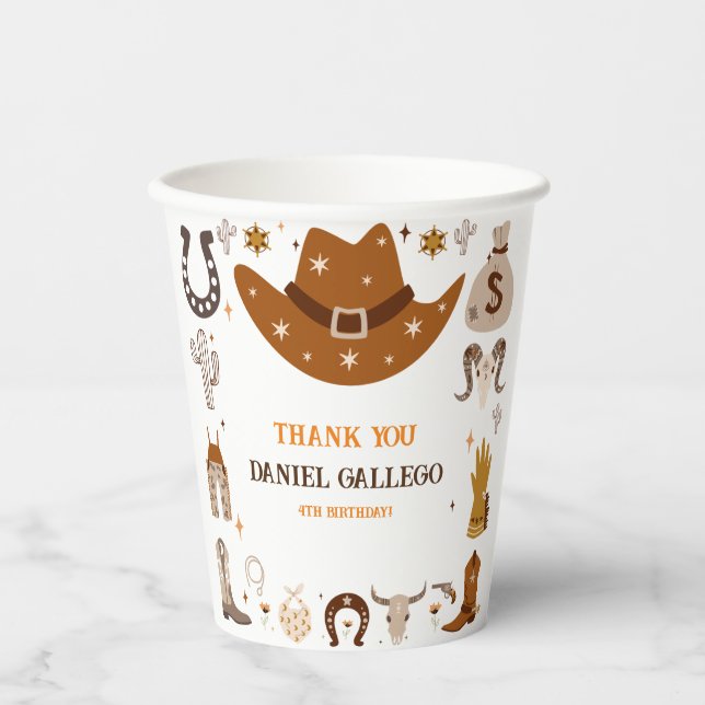 Gobelets En Papier Brown Cute Cowboy fête d'anniversaire (Recto)