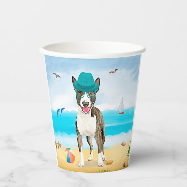 Gobelets En Papier Bull Terrier sur la plage (Recto)