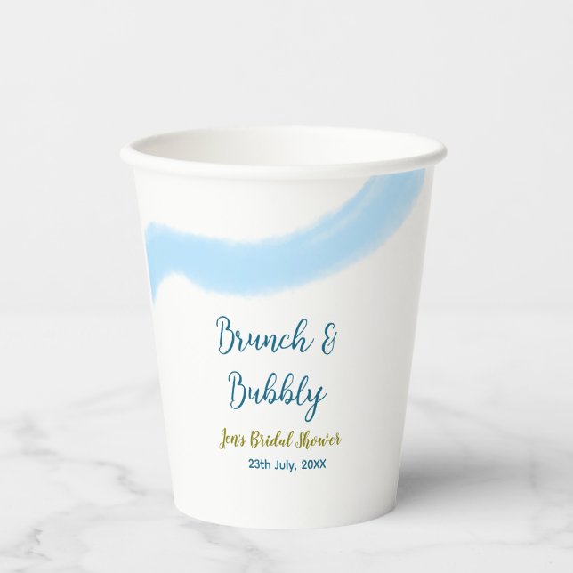 Gobelets En Papier Bulle d'aquarelle dorée bleue et mariage brunch (Recto)