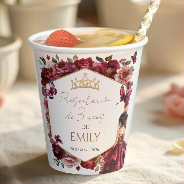 Gobelets En Papier Burgundy Floral Presentación de 3 años (Créateur téléchargé)