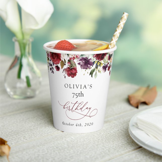 Gobelets En Papier Burgundy Flowers, Pink Flowers, Boho, Birthday (Insitu)