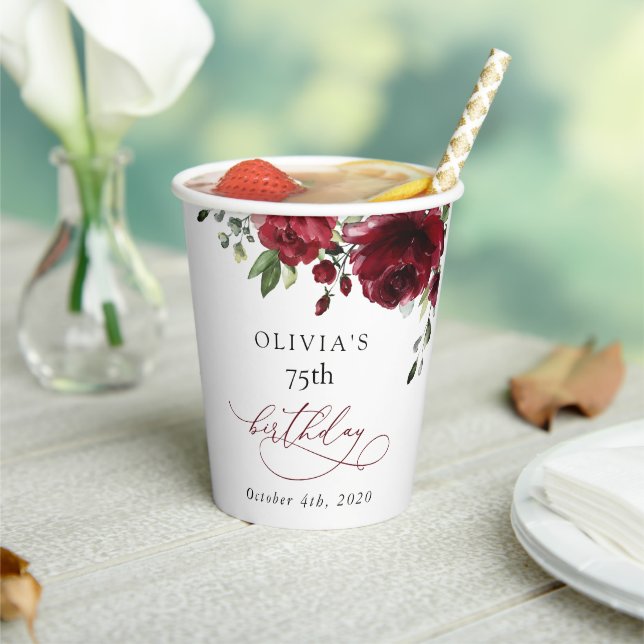 Gobelets En Papier Burgundy Flowers, Red Flowers, Greenery, Birthday (Insitu)