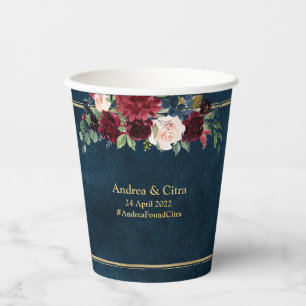 Gobelets En Papier Burgundy Navy Blush Floral Gold Mariage géométriqu