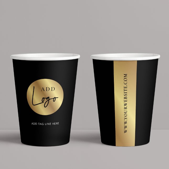 Gobelets En Papier Business Black & Gold Logo Branded Company Event (Elegant black and gold logo branded coffee paper cups with space for your custom text)
