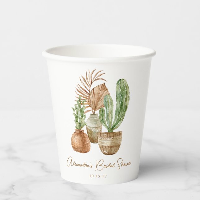 Gobelets En Papier Cactus aquarelle bohème Pampas Plante Baby Shower (Recto)