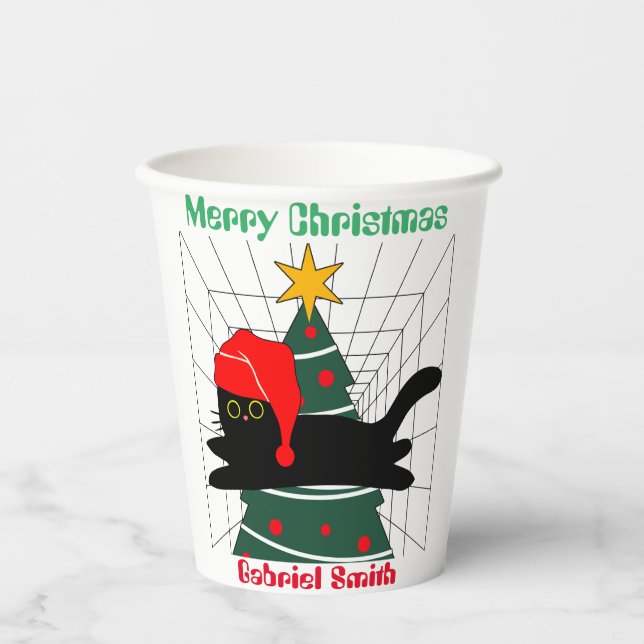 Gobelets En Papier cadeaux de Noël de chat, nom personnalisé (Recto)