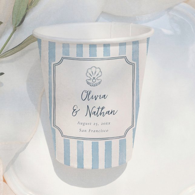 Gobelets En Papier Cadre Fantaisiste Mariage Rayures Bleues Rétro (Créateur téléchargé)