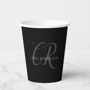 Gobelets En Papier Calligraphie Monogramme Nom Black Grey Cadeau pers