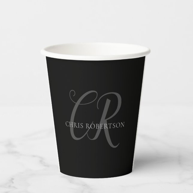 Gobelets En Papier Calligraphie Monogramme Nom Black Grey Cadeau pers (Recto)
