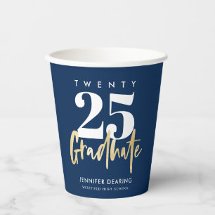 Gobelets En Papier Calligraphie Or moderne Bleu Graduation