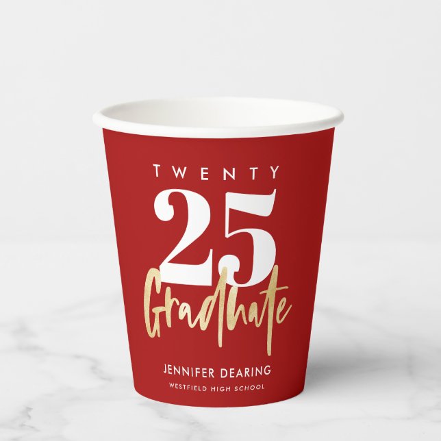 Gobelets En Papier Calligraphie Or moderne Graduation Rouge (Recto)
