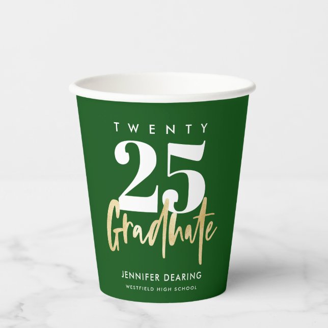 Gobelets En Papier Calligraphie Or moderne Graduation verte (Recto)