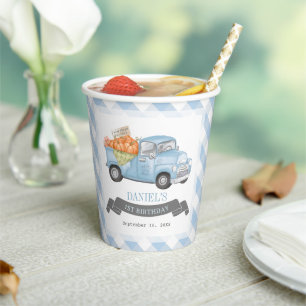 Gobelets En Papier Camion Citrouille bleu En vichy Garçon 1er anniver