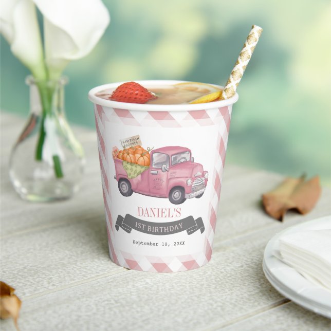 Gobelets En Papier Camion Citrouille rose En vichy Fille 1er annivers (Insitu)