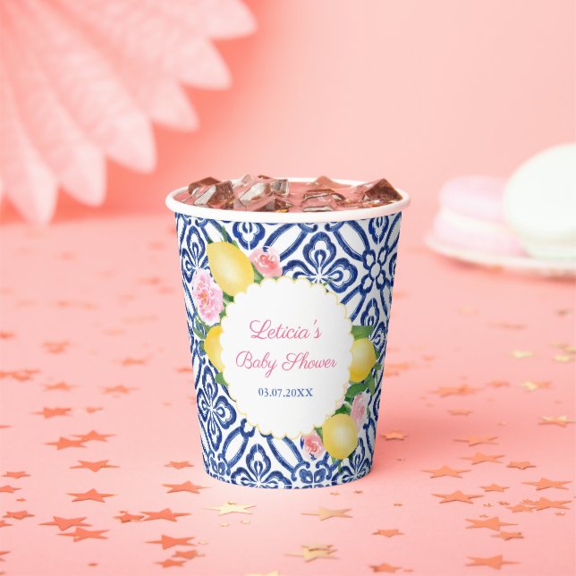 Gobelets En Papier Capri Lemons Bleu & Carreaux blancs Baby shower Pa (Insitu)