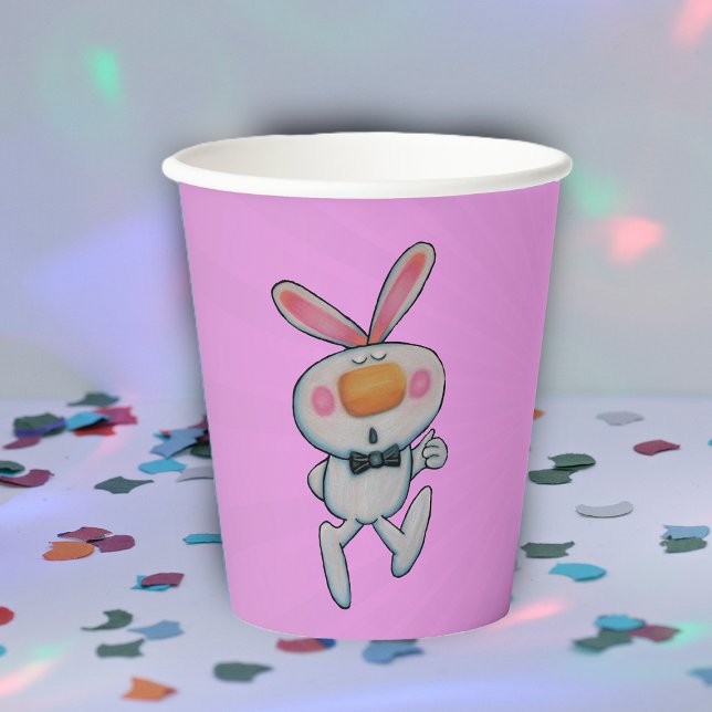 Gobelets En Papier Caricature blanc lapin pouces vers le haut Orange  (Cartoon white bunny rabbit thumbs up sign on pink paper drinking party cups.)